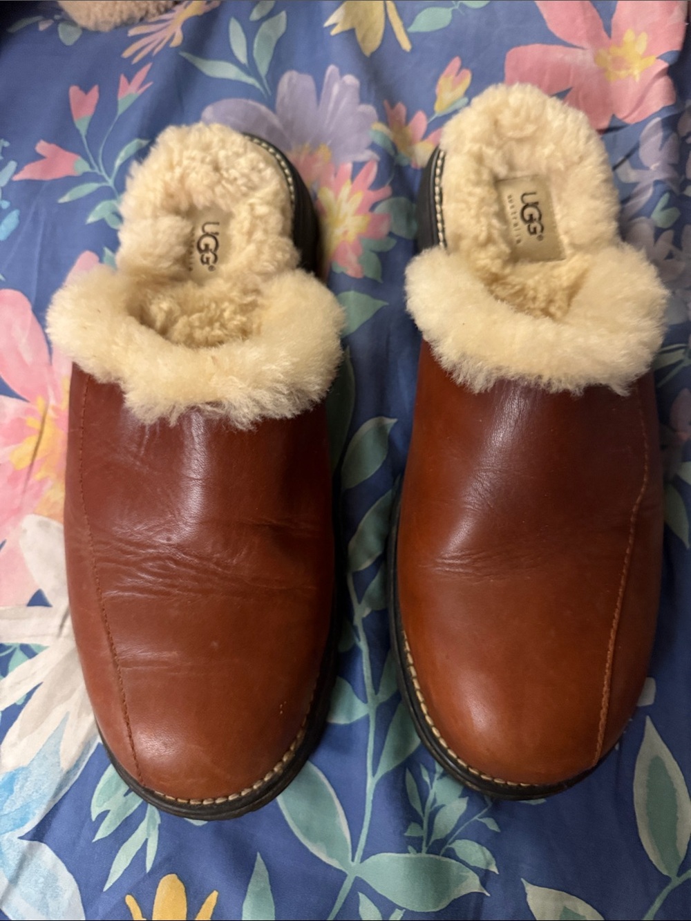 UGG Women's Chestnut Brown Leather Shearling Clog Mules